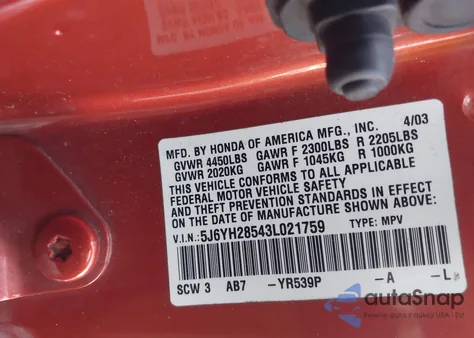 2003 Honda Element Ex из США, поврежденный, VIN 5J6YH28543L021759